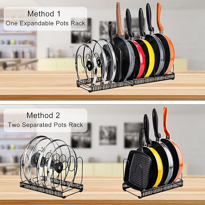 Toplife Pots and Pans Organizer Rack for Cabinet and Countertop, 10+ Pot Lids, Bakeware and Cookware Holder with 10 Adjustable Compartments - Black - Image 4