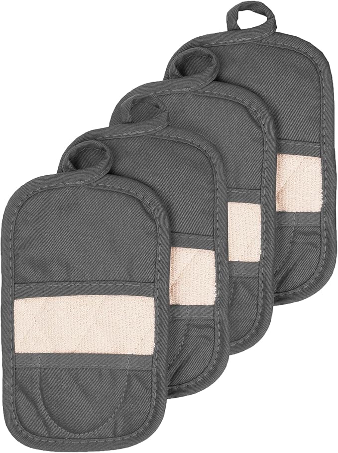 RITZ Premium Pot Holders & Heating Pads (4-Pack), 8.5" x 5.5", Heat Resistant, 100% Cotton Terry-Looped Pocket, Kitchen and Barbeque, Graphite by Ritz+Foodservice
