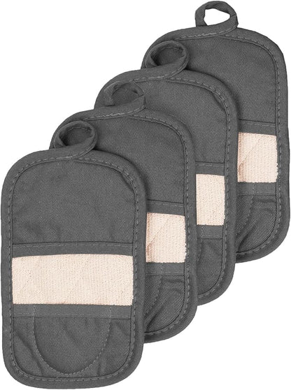 RITZ Premium Pot Holders & Heating Pads (4-Pack), 8.5" x 5.5", Heat Resistant, 100% Cotton Terry-Looped Pocket, Kitchen and Barbeque, Graphite by Ritz+Foodservice