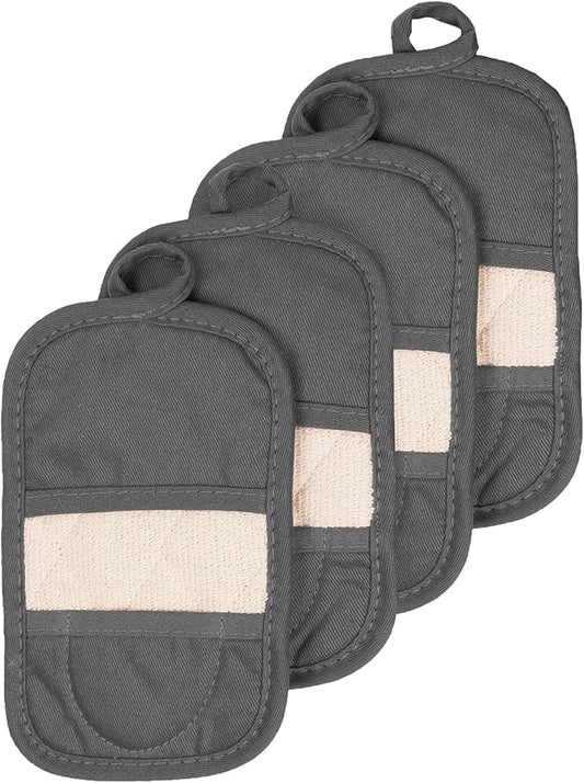 RITZ Premium Pot Holders & Heating Pads (4-Pack), 8.5" x 5.5", Heat Resistant, 100% Cotton Terry-Looped Pocket, Kitchen and Barbeque, Graphite by Ritz+Foodservice