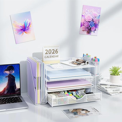 gianotter Desk Organizers and Accessories with File Holder, 4-Tier Desk Accessories & Workspace Organizers with Drawer and 2 Pen Holder, Paper Organizer for Office Supplies (White)