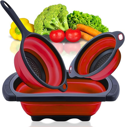 Set of 3 Red Food Strainer for Kitchen - Silicone Sieve Small Foldable Colander for Pasta and Spaghetti Multifunctional Silicone Collapsible Strainer for Camping by KillersInstinctOutdoors