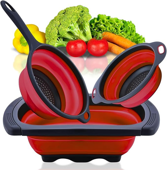 Set of 3 Red Food Strainer for Kitchen - Silicone Sieve Small Foldable Colander for Pasta and Spaghetti Multifunctional Silicone Collapsible Strainer for Camping by KillersInstinctOutdoors