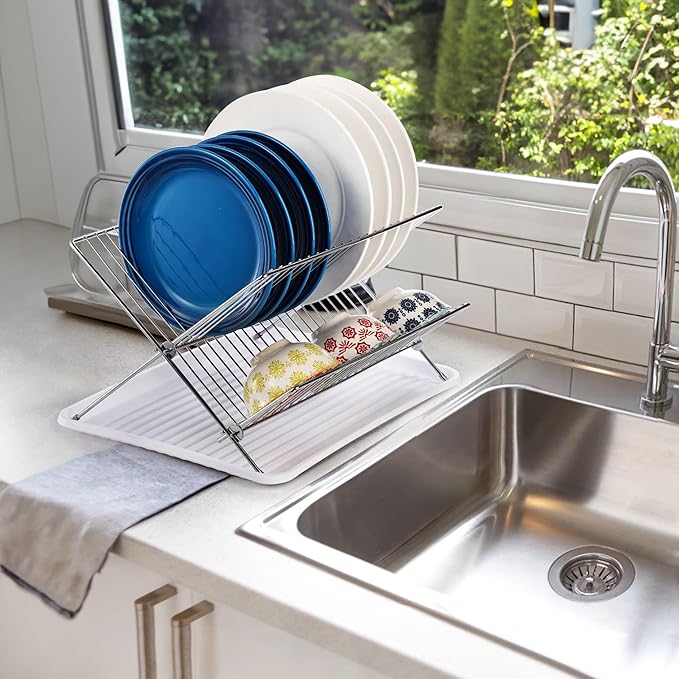 Youeon Foldable Dish Drying Rack with Drip Tray, Stainless Steel 2 Tier Dish Drainer Rack, Collapsible Dish Drainer, Folding Dish Rack for Kitchen Sink, Countertop, Cutlery, Plates, Dishes - Image 9