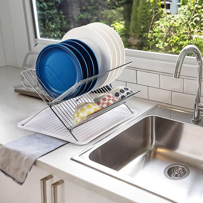 Youeon Foldable Dish Drying Rack with Drip Tray, Stainless Steel 2 Tier Dish Drainer Rack, Collapsible Dish Drainer, Folding Dish Rack for Kitchen Sink, Countertop, Cutlery, Plates, Dishes - Image 9