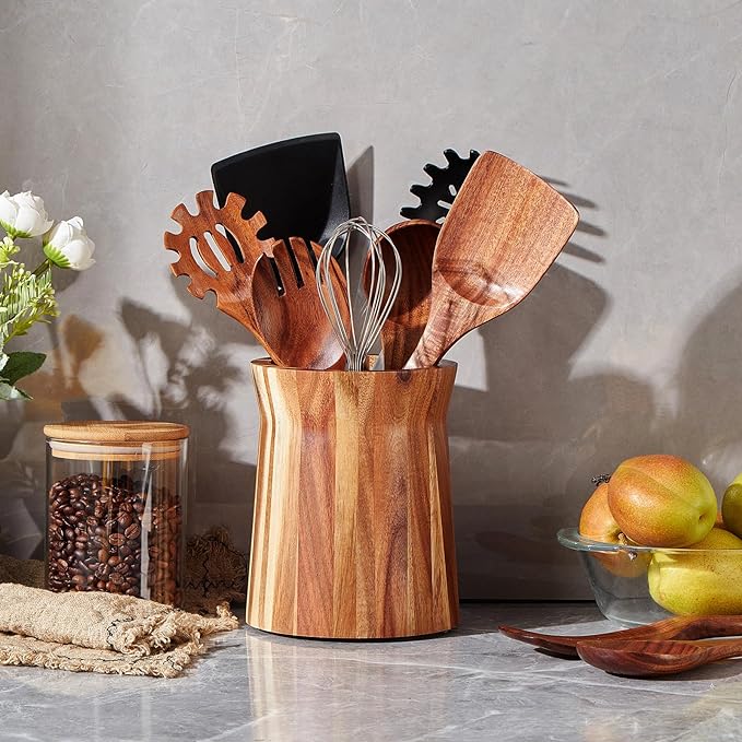 Wooden Utensil Holder for Countertop, 360° Rotating Kitchen Utensil Holder, 7.2"x 6" Large Acacia Wood Crock, Farmhouse Kitchen Decor - Image 4