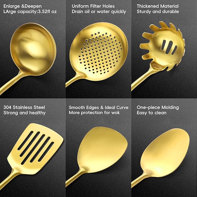 Izurok 18/10 Stainless Steel Kitchen Utensils Set,10 Piece Cooking Utensils With Wood Handle,Heat Resistant Kitchen Tool Set With Spatula,Spoon,Ladle,Skimmer,Slotted Turners,Pasta,Turner,Ladl,Fork - Image 3