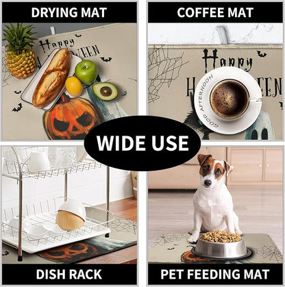 Happy Halloween Dish Drying Mat for Dishs 16x18 Inch Halloween Pumpkin Ghost Black Cat Kitchen Drying Mat Spooky Spiderweb Holiday Dish Drainer Mat Super Absorbent Dish Rack Pad for Coffee Bar Sinks - Image 7