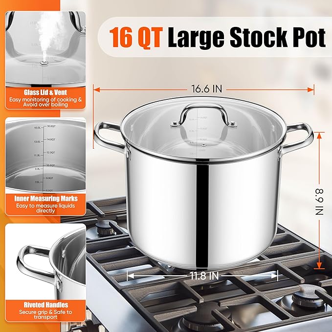 E-far 16 Quart Stainless Steel Stock Pot, Large Heavy Duty Induction Stockpot with Glass Lid for Cooking Soup Canning, Thick Tri-Ply Bottom & Riveted Handle, Compatible with All Stove, Dishwasher Safe - Image 2