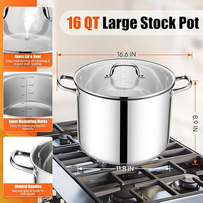 E-far 16 Quart Stainless Steel Stock Pot, Large Heavy Duty Induction Stockpot with Glass Lid for Cooking Soup Canning, Thick Tri-Ply Bottom & Riveted Handle, Compatible with All Stove, Dishwasher Safe - Image 2