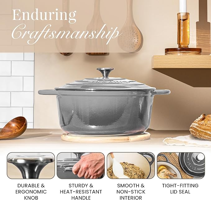 Cast Iron Pot with Lid – Non-Stick Ovenproof Enamelled Casserole Pot, Oven Safe up to 500° F – Sturdy Dutch Oven Cookware – Grey, 5-Quart, 24cm – by Nuovva - Image 7