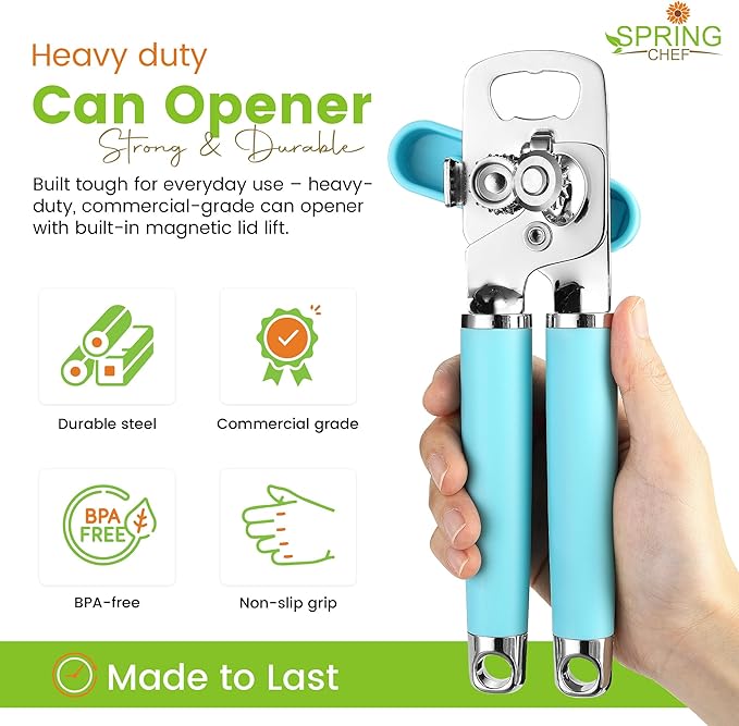 Spring Chef Stainless Steel Can Opener - Manual with Soft Grip Handles, Easy Turn, Heavy Duty Hand Can Openers for Seniors with Smooth Edge - Magnetic Lid Remover - Aqua Sky - Image 2