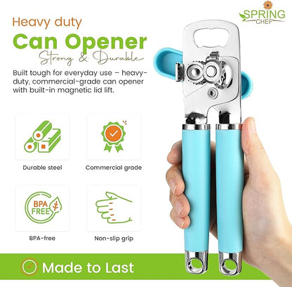 Spring Chef Stainless Steel Can Opener - Manual with Soft Grip Handles, Easy Turn, Heavy Duty Hand Can Openers for Seniors with Smooth Edge - Magnetic Lid Remover - Aqua Sky - Image 2