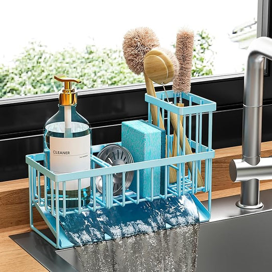 Cisily Blue Kitchen Sink Caddy Organzier with High Brush Holder, Sponge Holder for Sink, 304 Rustproof Stainless, Kitchen Countertop Soap Dispenser Organizer, Blue Home Decor and Accessories by CISILYHOMELIFE