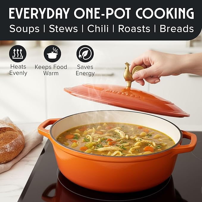 MUELLER HOME 5.5 Quart Enameled Cast Iron Oval Dutch Oven w Rooster Knob & Cotton Potholders, Heavy-Duty Cookware, Oven-Safe up to 500° F & Across All Cooktops, Gifts for Grandma & Women, Orange - Image 6