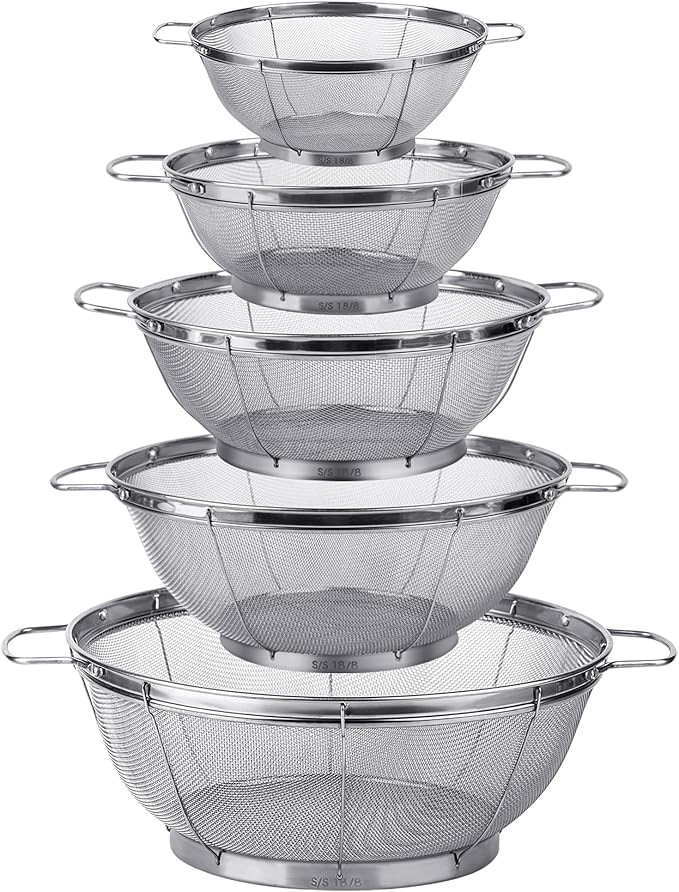 5 Pack 18/8 Stainless Steel Colander Sieves, Multi Size Mesh Strainer Net Baskets with Handles & Resting Base for Strain, Drain, Rinse or Steam by Tiawudi