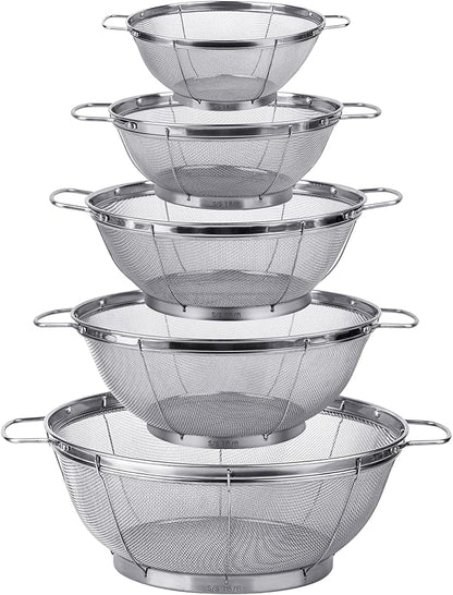 5 Pack 18/8 Stainless Steel Colander Sieves, Multi Size Mesh Strainer Net Baskets with Handles & Resting Base for Strain, Drain, Rinse or Steam by Tiawudi