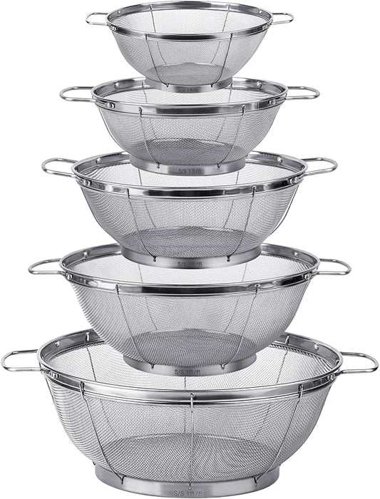 5 Pack 18/8 Stainless Steel Colander Sieves, Multi Size Mesh Strainer Net Baskets with Handles & Resting Base for Strain, Drain, Rinse or Steam by Tiawudi