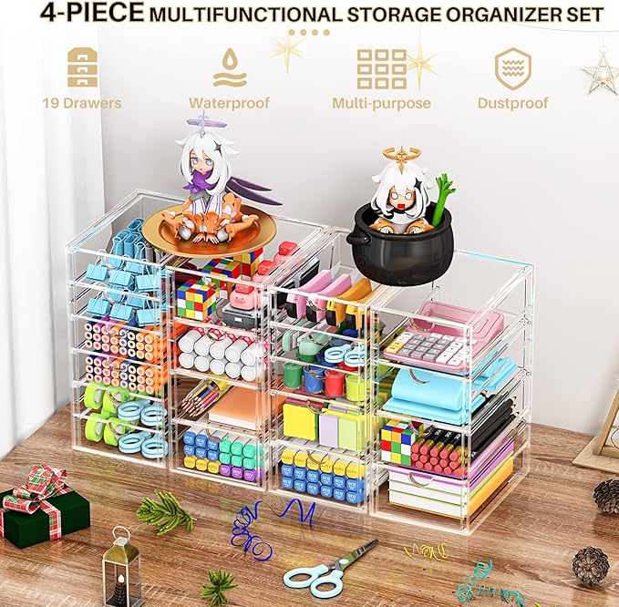 YFXCVSL Acrylic Makeup Organizer with 19 Drawers, 4 Pack Clear Storage Drawers, Bathroom Makeup Organizer for Palettes, Cosmetic, and Beauty Supplies,Ideal for Vanity, Cabinet,Desk Organization - Image 7