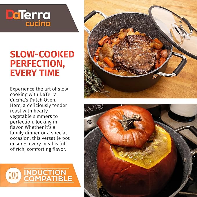 DaTerra Cucina – 8 Qt Nonstick Ceramic Dutch Oven with Lid – Large Oven Safe Stock Pot, Induction Compatible, Lightweight, Lead & PFOA Free, Volcanic Black, Durable Nonstick Cookware – Made in Italy - Image 5