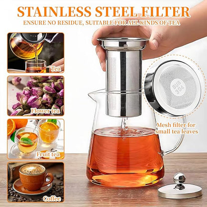 Glass Teapot with Stainless Steel Infuser, Borosilicate Tea Kettle, Clear Tea Maker for Loose Leaf Tea (550ML)