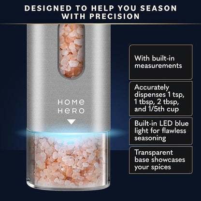 Home Hero Electric Salt and Pepper Grinder Set - Automatic Salt and Pepper Grinder Set Rechargeable. Electronic Salt and Pepper Shakers with LED Light, Electric Pepper & Salt Grinder, Set of 2 - Image 4