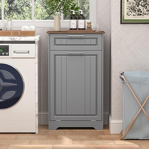 Single 10 Gallon Tilt Out Trash Can Cabinet with Deodorizing Function, Wooden Hidden Garbage Can Holder with Storage Drawers for Kitchen and Dining Room, Laundry Hamper Cabinet for Bathroom, Grey