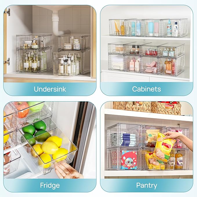 Vtopmart 4 Pack Clear Stackable Storage Drawers,Under Sink and Kitchen Organizers Storage,Easy to Assemble Plastic Drawers for Baby Bottle,Medicine, Bathroom,Cabinet and Pantry Organization - Image 9