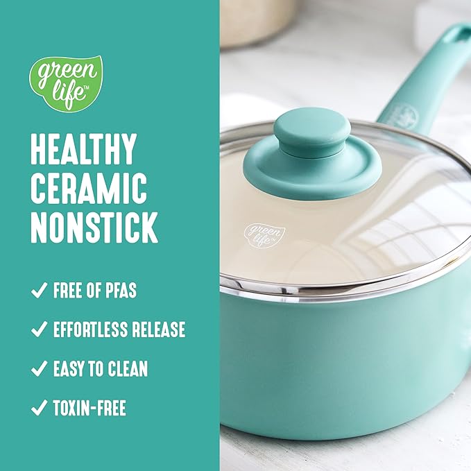 GreenLife 2.5QT Nonstick Saucepan with Glass Lid, Soft Grip, PFAS-Free Ceramic, Multipurpose Chef Pan, Milk & Sauce Cooking Pot, Dishwasher & Oven Safe to 350˚F, Stay-Cool Handle, Turquoise - Image 2