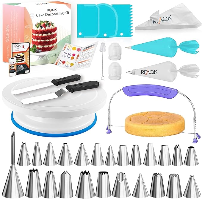 RFAQK 90PCs Cake Decorating Kit with Leveler, Baking Supplies Gift Includes Cake Stand Turntable, 24 Numbered Icing Tips, 55+1 Piping Bags, 2 Frosting Spatulas, 3 Scrappers, Video Course & Booklet by RFAQK