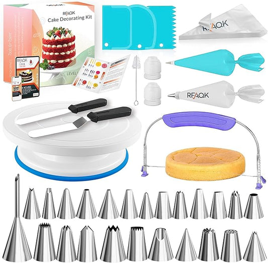 RFAQK 90PCs Cake Decorating Kit with Leveler, Baking Supplies Gift Includes Cake Stand Turntable, 24 Numbered Icing Tips, 55+1 Piping Bags, 2 Frosting Spatulas, 3 Scrappers, Video Course & Booklet by RFAQK