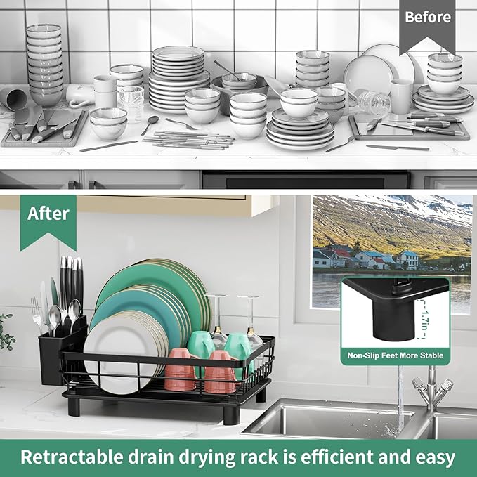 MOUKABAL Dish Drying Rack, Dish Rack, Stainless Steel Dish Racks for Kitchen Counter, Dish Drainer with Removable Utensil Holder, Drainboard (Black,13''W x 17''L) - Image 4