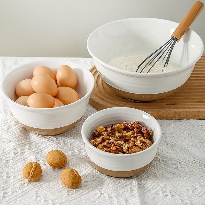 HASENSE Ceramic Mixing Bowls, Large Serving Salad Pasta Bowls Set, 2.1/1.0/0.5 Qt for Entertaining, White Nesting Batter Bowls for Prepping Baking, Dishwasher Microwave Safe, Set of 3 - Image 4