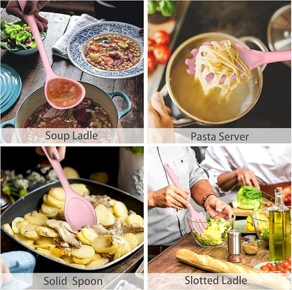 P&P CHEF Silicone Cooking Utensils Set of 7, Heat-proof Kitchen Utensils Set for Nonstick Cookware, Non-stick Spatula, Slotted Turner, Soup Ladle, Pasta Server, Spoon for Cooking Serving - Pink - Image 5