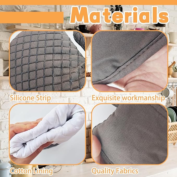 4 Pcs Oven Mitts and Pot Holders,High Heat 500°F Resistant Glove Potholder with Thick Cotton,Silicone Non-Slip Surface Long Kitchen Oven Glove for Cooking Baking Grilling(Grey) - Image 3