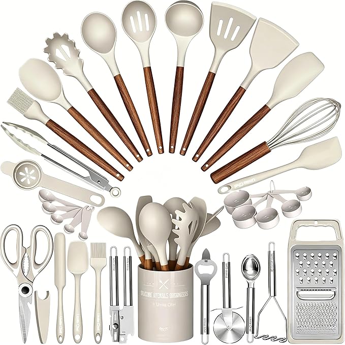 Thickened Silicone Cooking Utensils Set with Natural Wooden Handle- Umite Chef Khaki Kitchen Utensils Set, 34PCS Heat Resistant Kitchen Gadgets Tools Set, Kitchen Spatula Set for Nonstick Cookware by UmiteChef