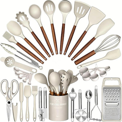 Thickened Silicone Cooking Utensils Set with Natural Wooden Handle- Umite Chef Khaki Kitchen Utensils Set, 34PCS Heat Resistant Kitchen Gadgets Tools Set, Kitchen Spatula Set for Nonstick Cookware by UmiteChef