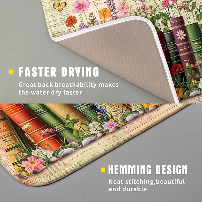 Colorful Books Kitchen Drying Mat - Watercolor Floral Drying Matt Kitchen Counter 16 X 18 In - Image 3
