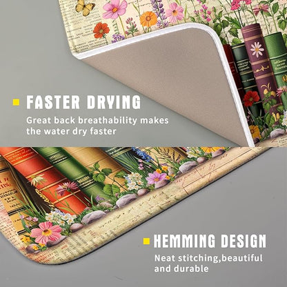 Colorful Books Kitchen Drying Mat - Watercolor Floral Drying Matt Kitchen Counter 16 X 18 In - Image 3