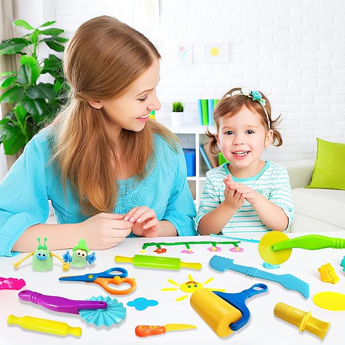 28Pcs Dough and Clay Play Tools Kit for Kids, Modeling Clay Accessories with Animal Cutters, Rolling Pins, Safety Scissors, Dough Extruder & Rollers - Image 7