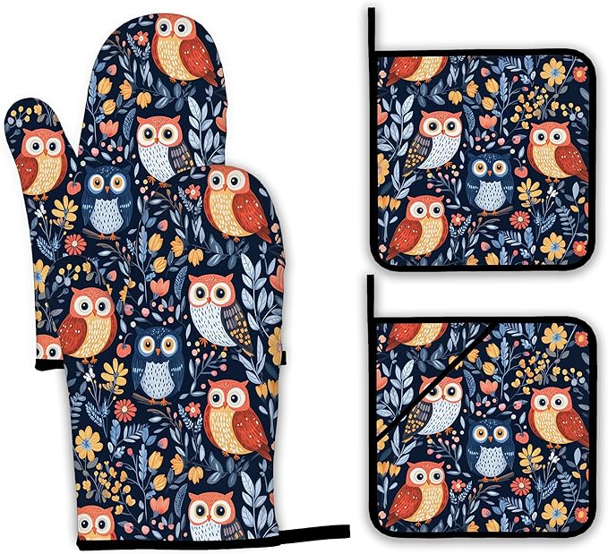 Colorful Cute Owl Oven Mitts and Pot Holders,Heat Resistant Oven Mitts Gloves and Pot Holder for Home Kitchen Decorations Cooking Baking BBQ Gifts,Set of 4