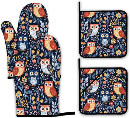 Colorful Cute Owl Oven Mitts and Pot Holders,Heat Resistant Oven Mitts Gloves and Pot Holder for Home Kitchen Decorations Cooking Baking BBQ Gifts,Set of 4