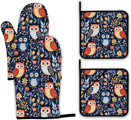 Colorful Cute Owl Oven Mitts and Pot Holders,Heat Resistant Oven Mitts Gloves and Pot Holder for Home Kitchen Decorations Cooking Baking BBQ Gifts,Set of 4