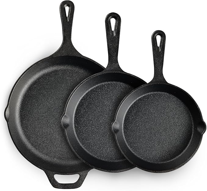 EWFEN Cast Iron Skillet 3-Piece Set, Heavy-Duty Professional Restaurant Chef Quality Pre-Seasoned Pan Cookware Set, 6", 8", 10" Pans For Frying, Saute, Cooking, Use Indoor/Outdoor, Oven, Grill by EWFEN