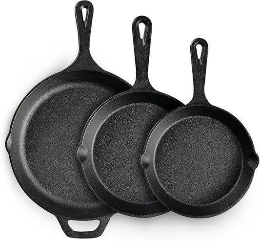 EWFEN Cast Iron Skillet 3-Piece Set, Heavy-Duty Professional Restaurant Chef Quality Pre-Seasoned Pan Cookware Set, 6", 8", 10" Pans For Frying, Saute, Cooking, Use Indoor/Outdoor, Oven, Grill by EWFEN