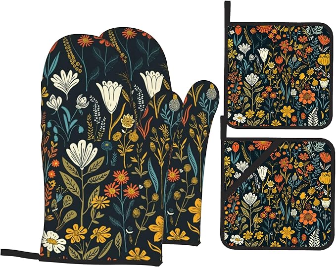 Vintage Flowers Oven Mitts and Heat Resistant Pads - Heat Resistant Gloves Potholder Set of 4 for Cooking, BBQ, Gifts for Women