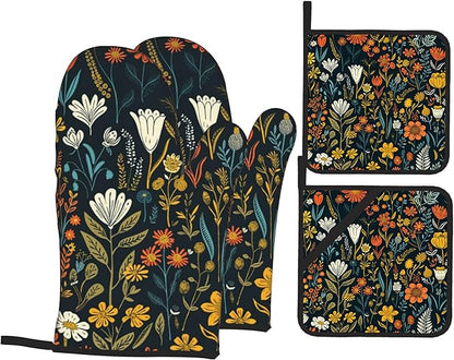 Vintage Flowers Oven Mitts and Heat Resistant Pads - Heat Resistant Gloves Potholder Set of 4 for Cooking, BBQ, Gifts for Women