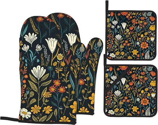 Vintage Flowers Oven Mitts and Heat Resistant Pads - Heat Resistant Gloves Potholder Set of 4 for Cooking, BBQ, Gifts for Women
