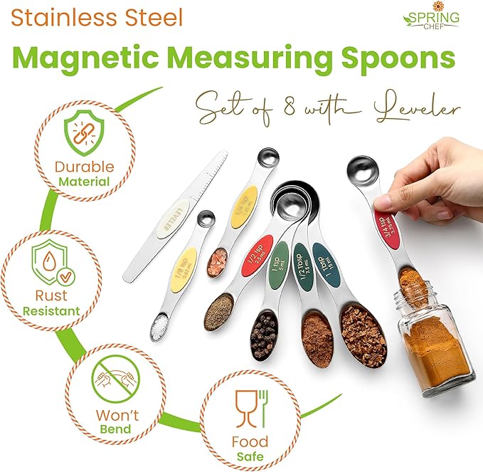 Spring Chef Stainless Steel Magnetic Measuring Spoons Set of 8 with Leveler, Metal Teaspoon & Tablespoon Measure Spoons Set for Baking & Cooking, Stackable & Double Sided Kitchen Gadgets - Very Merry - Image 2