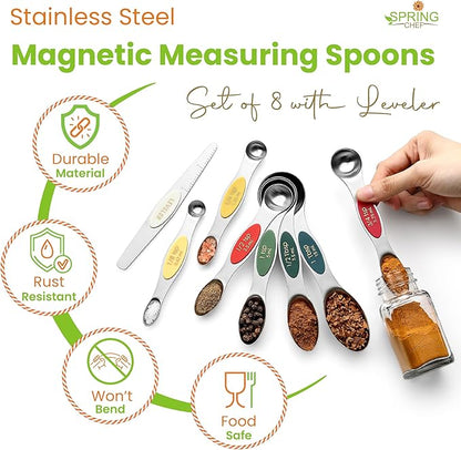 Spring Chef Stainless Steel Magnetic Measuring Spoons Set of 8 with Leveler, Metal Teaspoon & Tablespoon Measure Spoons Set for Baking & Cooking, Stackable & Double Sided Kitchen Gadgets - Very Merry - Image 2